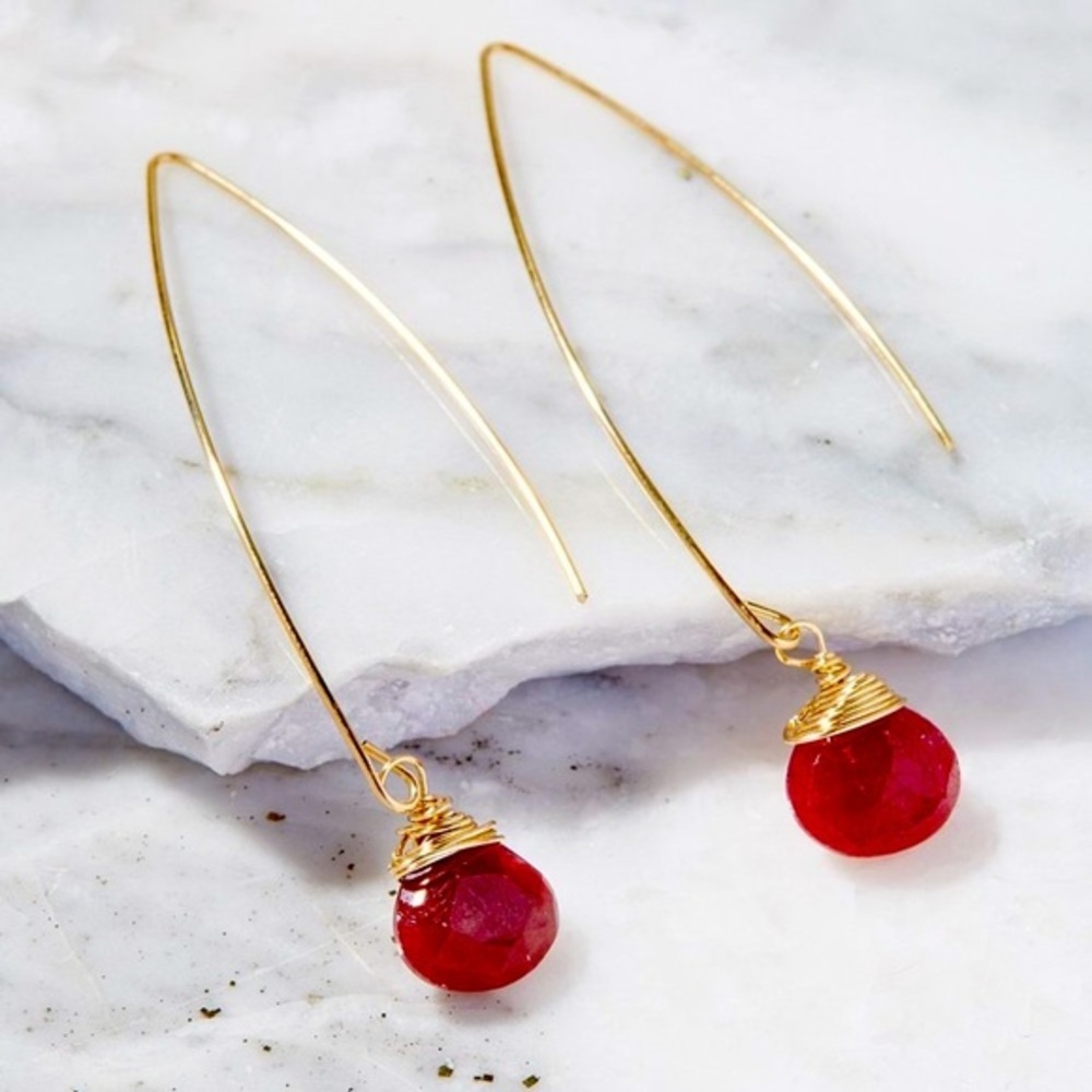 New Beautiful 14k Gold-Filled 925 Silver Raspberry Quartz Drop Threader Earrings